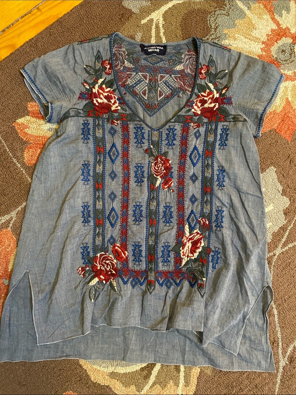 Johnny Was Workshop Cotton Chambray Rose Embroidered Tunic